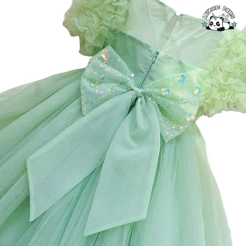 LEZONKIDS - 2024 Hot Sale Short Puff Sleeve Beautiful Girls Princess Tulle Dress for 8T Children Clothing